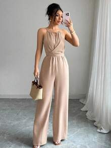 Elenzga 女式休闲卡其色褶皱面料无袖串珠设计系带连体裤，春夏