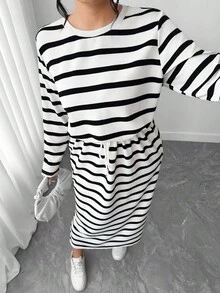 Elenzga 大码女式条纹印花圆领休闲长袖连衣裙 - 黑與白 - 查看 7