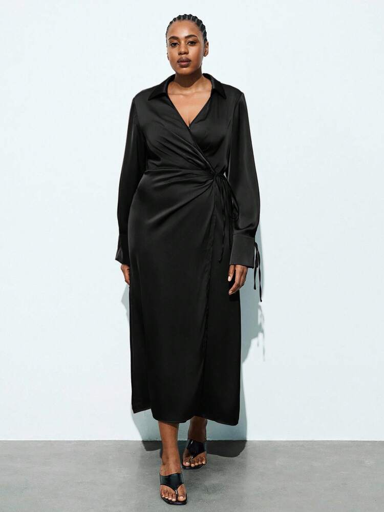 SHEIN Maija Plus Size Women's Turndown Collar Cinched Waist Waist Casual Dress, Suitable For Urban Commute, Business, Formal Occasions, Christmas, Halloween Party Satin Wrap Dress Wrap Dress Black Midi Dress Black Dress Satin Midi Dressspring To Summer Spring Outfit Womenvalentine's Day Carnival Fasching Women Costume Party Beach Wedding Vacation Casual