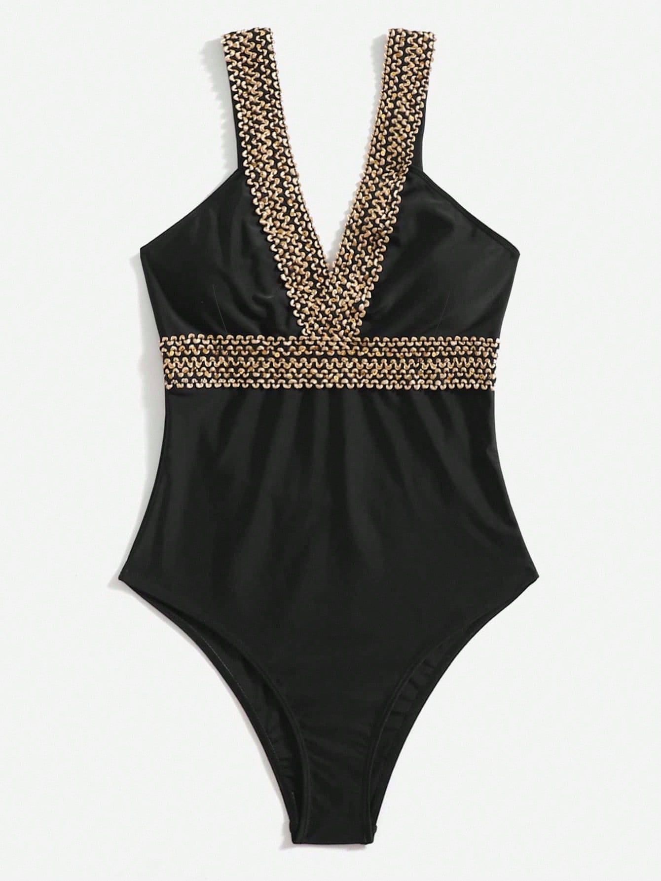 SHEIN Swim Acabamento De Contraste Fato De Banho De Uma Peça - Preto - Visão 6