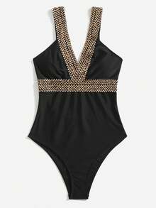 SHEIN Swim Viền tương phản Đồ bơi một mảnh - màu đen - Xem 6