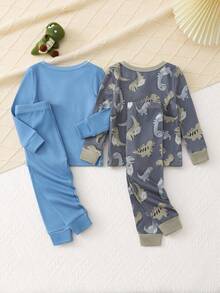 Toddler Boys' Dinosaur Cartoon Print Long Sleeve Bodysuit And Long Pants Set, Comfortable Soft Fabric Suitable For Baby Boy Casual Wear