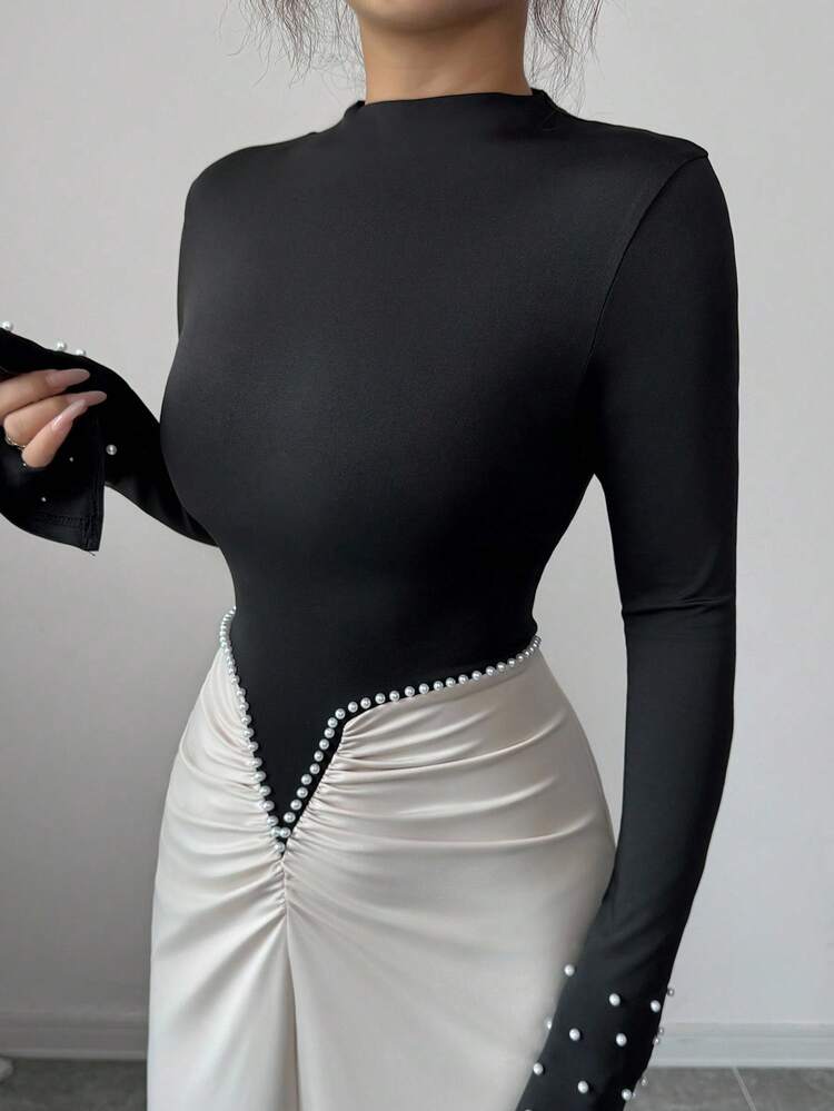 Selianne Elegant Lady-Like Pearl Decor Pleated High Waist Fitted Maxi Dress, Sophisticated & Stylish Solid Color Block Design, Suitable For Birthday Party, Formal Occasion, Date, Long Sleeve Extra Long Dress - Black - View 6