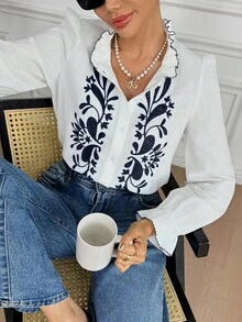 2026 Camisa casual de mujer de manga larga con bordado de plantas y abotonadura sencilla, blusas elegantes de mujer, camisa de algodón puro, blusas de mujer, blusas bohemias, estilo francés, blusa occidental, blusa con bordado floral, blusas elegantes de mujer, blusa con volantes - Azul y blanco - Ver 3