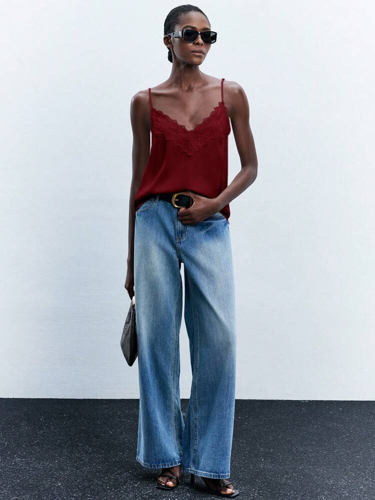 Maija 女士撞色蕾丝宽松V领可调节吊带休闲度假吊带背心，适合都市通勤、商务、休闲、办公穿着，优雅适合派对、新年聚会、蕾丝边吊带背心，沙滩度假夏季外出毕业典礼皆宜。 - 酒紅色 - 查看 2