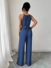 SHEIN PETITE Women's Casual Khaki Crinkle Fabric Halter Neck Beaded Design Waist Button Tie Jumpsuit, Spring/Summer - Blue - View 2