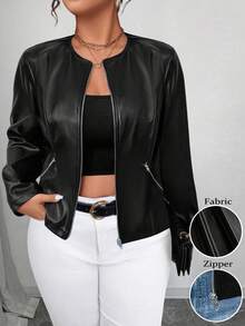 Elenzga 大码纯色前拉链长袖休闲夹克 - 黑色 - 查看 1