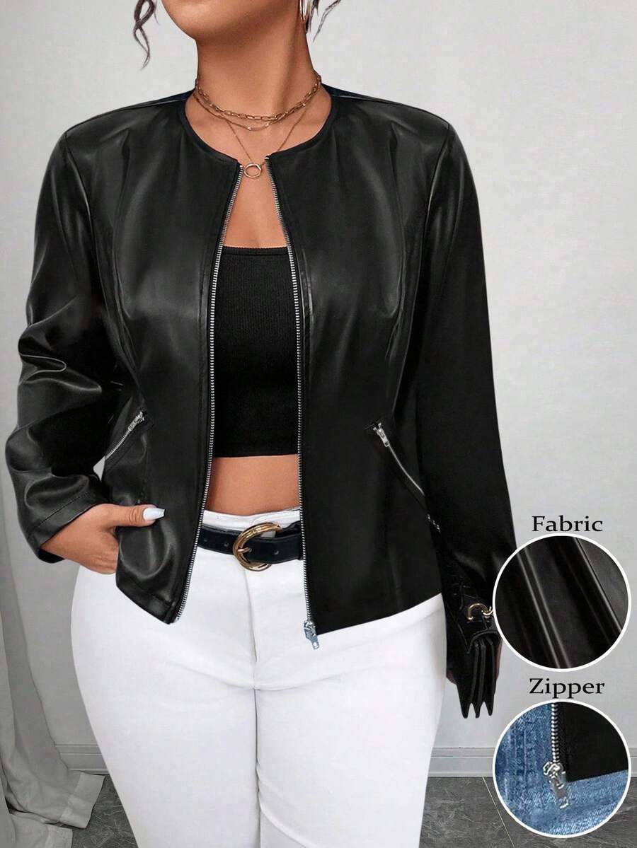 Elenzga 大码纯色前拉链长袖休闲夹克 - 黑色 - 查看 1