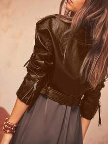 Aralina PU 仿皮机车夹克 短款机车夹克 前卫街头风 系带外套 - 棕色 - 查看 2