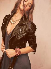 Aralina PU 仿皮机车夹克 短款机车夹克 前卫街头风 系带外套 - 棕色 - 查看 4