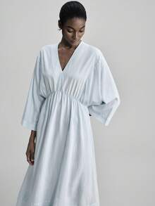 Ontre Women's V-Neck Pleated Loose A-Line Dress, Elegant Linen Material Long Dress For Vacation, Casual, Party, Beach, Autumn/Winter - Blue - View 6
