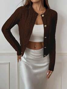 SHEIN PETITE 女士休闲长袖单排扣针织开衫，秋冬 - 咖啡棕 - 查看 3