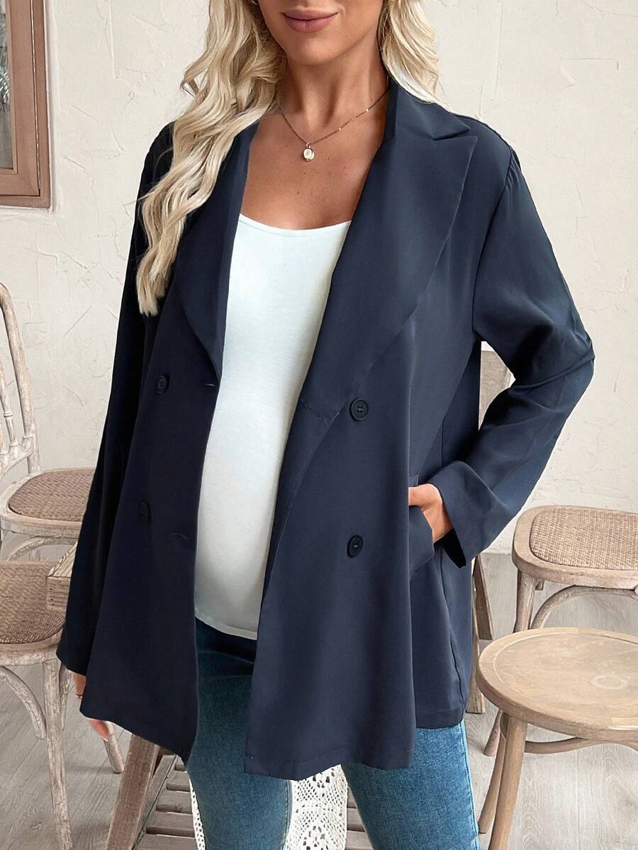 SHEIN بليزر أنيق أحادي اللون بأكمام طويلة وأزرار مزدوجة - رمادي - مشاهدة 1