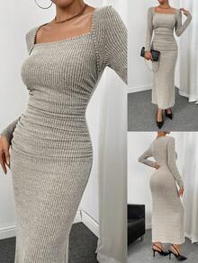 Almamuse Women's Elegant Light Grey Square Neck Pleated Ruched Fitted Bodycon Long Sleeve Dress,Autumn Fall Clothes,Wedding Guest Party Dress For Brunch - Apricot - View 1