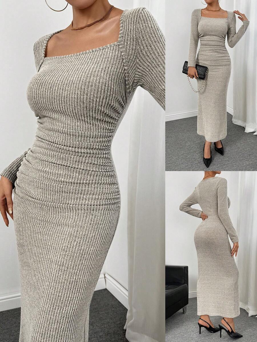 Almamuse Women's Elegant Light Grey Square Neck Pleated Ruched Fitted Bodycon Long Sleeve Dress,Autumn Fall Clothes,Wedding Guest Party Dress For Brunch - Apricot - View 1