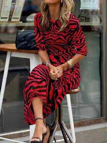 EMERY ROSE 女士斑马纹修身连衣裙，优雅度假风格 - 紅色 - 查看 5