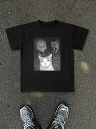 Manfinity ZONE917 メンズ 猫プリント 半袖Tシャツ、メンズカジュアル アウトドアTシャツ