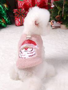 PETSIN 1pc Pet Clothing, Cute Embroidered Bearded Santa Claus Christmas Outfit, Autumn And Winter Thick Cotton Vest, Cat And Dog Clothing And Apparel - Pink - View 4