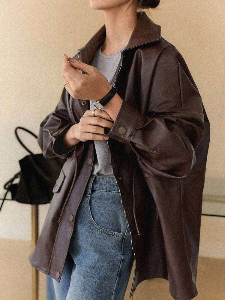 Women's Loose Casual City Style Faux Leather Jacket, Autumn/Winter Women Coats