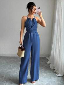 SHEIN PETITE Women's Casual Khaki Crinkle Fabric Halter Neck Beaded Design Waist Button Tie Jumpsuit, Spring/Summer - Blue - View 3