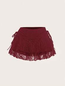 SHEIN MOD Wine Red Women's Casual Low Waist Drawstring Bow Lace Fabric Double Layer Cake Skirt, Suitable For Daily Wear - Burgundy - View 5
