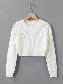 SHEIN 青少年女孩纯色圆领落肩长袖短款休闲套头毛衣 - 白色 - 查看 3