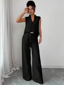 Rafferiza 2pcs/Set Women's Fashionable Casual V-Neck Sleeveless Top And Loose Distinctive Belt Decor Straight Leg Pants, Spring/Summer - Black - View 7