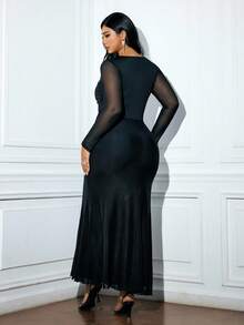 Viva Relle Rochie de seară pentru femei de mărime mare, cu guler rotund, mânecă lungă, model Patchwork, cu nod răsucit, sexy, cu tiv în formă de coadă de pește