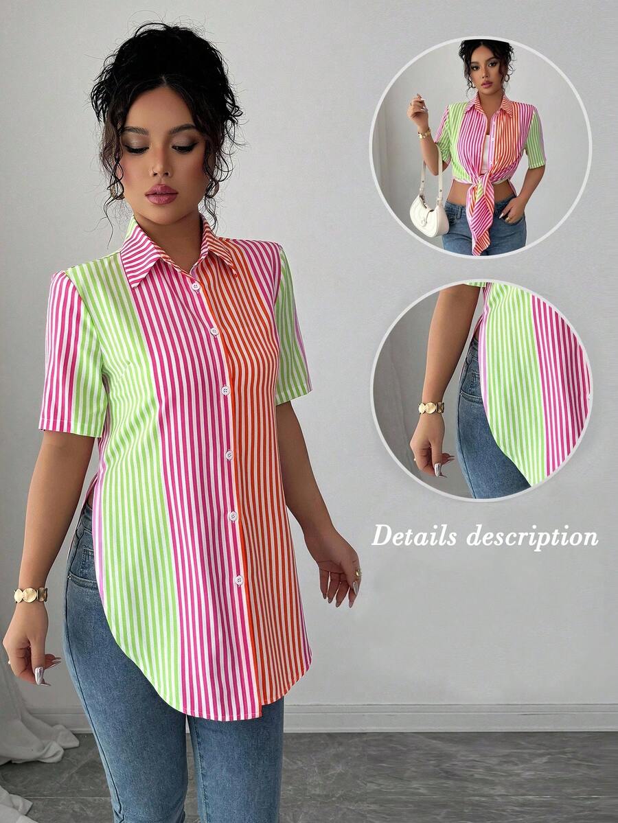 SHEIN LUNE 女士夏季条纹短袖单排扣休闲衬衫 - 彩色 - 查看 1