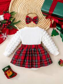 SHEIN Playful Pals Baby Girls' Cute & Christmas Vibe Bodysuit With Long Sleeves And Headband Decor Christmas Plaid Set Fall Winter