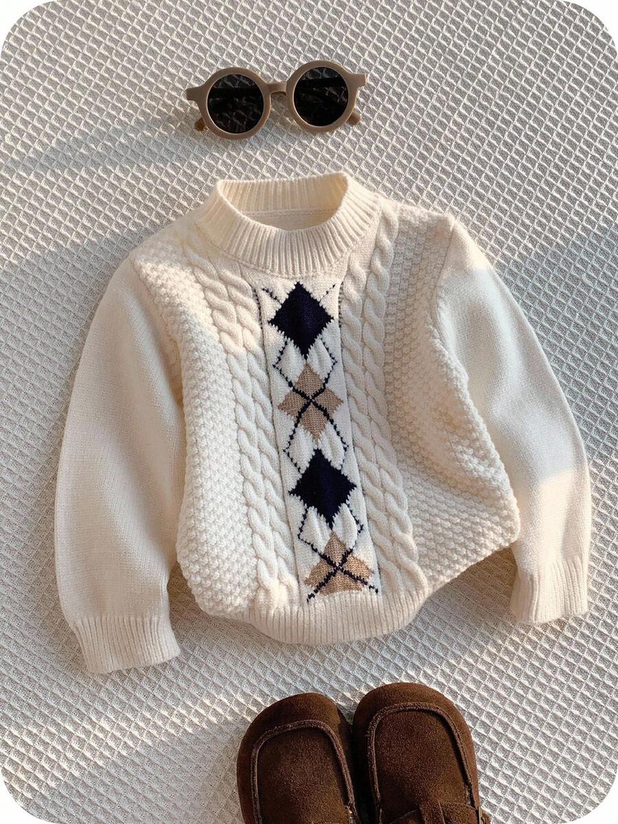 SHEIN Unisex Baby Geometric Pattern Long Sleeve Knit Sweater, Casual & Cute, Suitable For Baby Boys And Girls, Autumn/Winter Fall