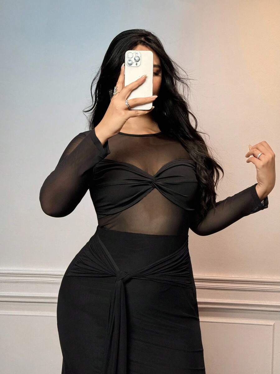 Viva Relle Rochie de seară pentru femei de mărime mare, cu guler rotund, mânecă lungă, model Patchwork, cu nod răsucit, sexy, cu tiv în formă de coadă de pește