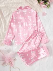 Girls Casual 2 Pieces Set, Featuring Cartoon Bow Pattern, Fluffy Cuff Long Sleeve Top And Long Pants, Pink, Comfortable Loungewear Fall Winter - Pink - View 2