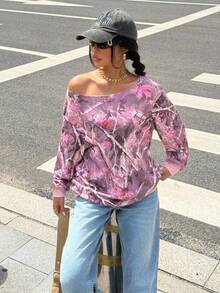 Muchica Sudadera de mujer con estampado retro de hombros descubiertos en color rosa, de uso casual para otoño/invierno