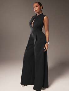 Hauture 超宽腿拉链前无袖加大码黑色连体裤 - 黑色 - 查看 5