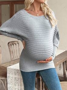 SHEIN Maternity Solid Color Crew Neck Pullover Sweater, Knitted Batwing Long Sleeve Boat Neck Ribbed Sweater For Autumn/Winter - Grey - View 6