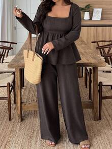 SHEIN PETITE CURVE 两件套加大码方领荷叶边下摆长裤套装 - 棕色 - 查看 3