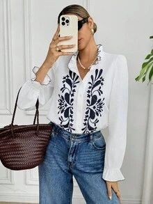 2026 Camisa casual de mujer de manga larga con bordado de plantas y abotonadura sencilla, blusas elegantes de mujer, camisa de algodón puro, blusas de mujer, blusas bohemias, estilo francés, blusa occidental, blusa con bordado floral, blusas elegantes de mujer, blusa con volantes - Azul y blanco - Ver 6