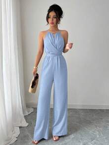 Elenzga 女式春夏休闲卡其色褶皱面料露背领口串珠设计腰部纽扣系带连体裤