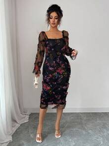Selianne Women's Elegant Black Floral Print Mesh Long Sleeve Midi Dress,Autumn Ruffle Collar Cinched Waist Party Dress For Weddings,Dates & Outings - Black - View 5