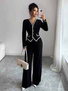 Selianne Vintage V-Neck Elegant Button Decorated Long Sleeve Blouse With Pockets, Contrast Trim, Retro Pockets, Contrast Trim, Vintage Black, Sophisticated Commuter Casual Office 2 Pieces Set