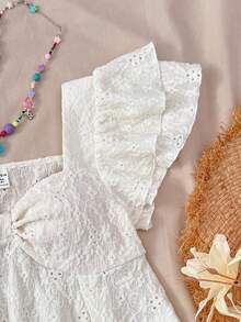 SHEIN 少女夏日阳光甜美休闲舒适荷叶边袖提花针织T恤，家居服，可爱，适合派对、情人节 - 杏色 - 查看 5