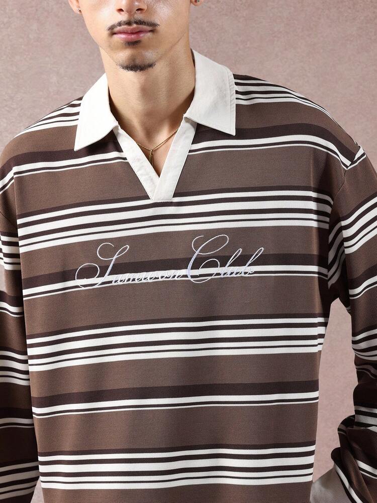 Boxy Fit Long Sleeve Striped Polo With Embroidered Script