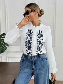 2026 Camisa casual de mujer de manga larga con bordado de plantas y abotonadura sencilla, blusas elegantes de mujer, camisa de algodón puro, blusas de mujer, blusas bohemias, estilo francés, blusa occidental, blusa con bordado floral, blusas elegantes de mujer, blusa con volantes - Azul y blanco - Ver 7