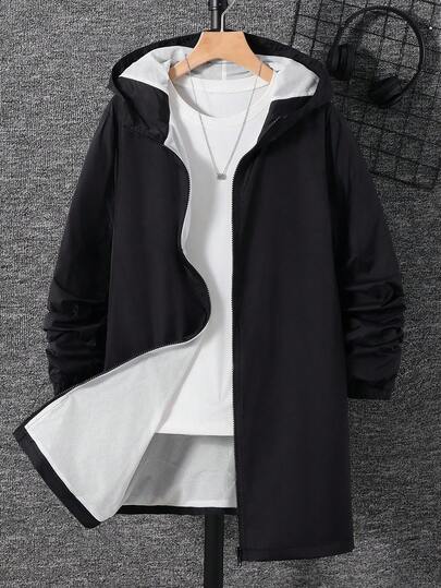 SHEIN Teen Boys' Casual Comfortable Solid Color Hooded Long Jacket Windbreaker Coat Suitable For Commuting, School, Daily Casual, Travel, Outdoor Party, Sports, Fall Autumn And Winter Clothes