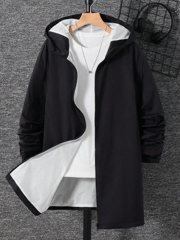 SHEIN Teen Boys' Casual Comfortable Solid Color Hooded Long Jacket Windbreaker Coat Suitable For Commuting, School, Daily Casual, Travel, Outdoor Party, Sports, Fall Autumn And Winter Clothes