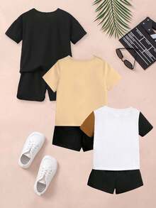 SHEIN 3pcs/Set Young Boy Casual Simple  Face & Letter Print Basic Short Sleeve T-Shirt And Shorts Outfit - Multicolor - View 2