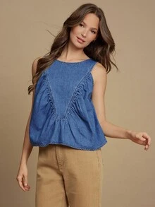 WESTFADE 圆领西部风格拼接100%纯棉牛仔无袖A字上衣，休闲可爱，适合秋季穿着，波西米亚乡村西部风情。 - 中等水洗藍 - 查看 3