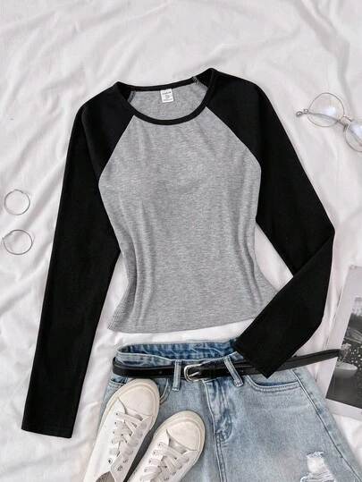 少女撞色针织圆领长袖休闲复古T恤可爱上衣紧身长袖衬衫长袖紧身衬衫上衣可爱黑灰色秋冬