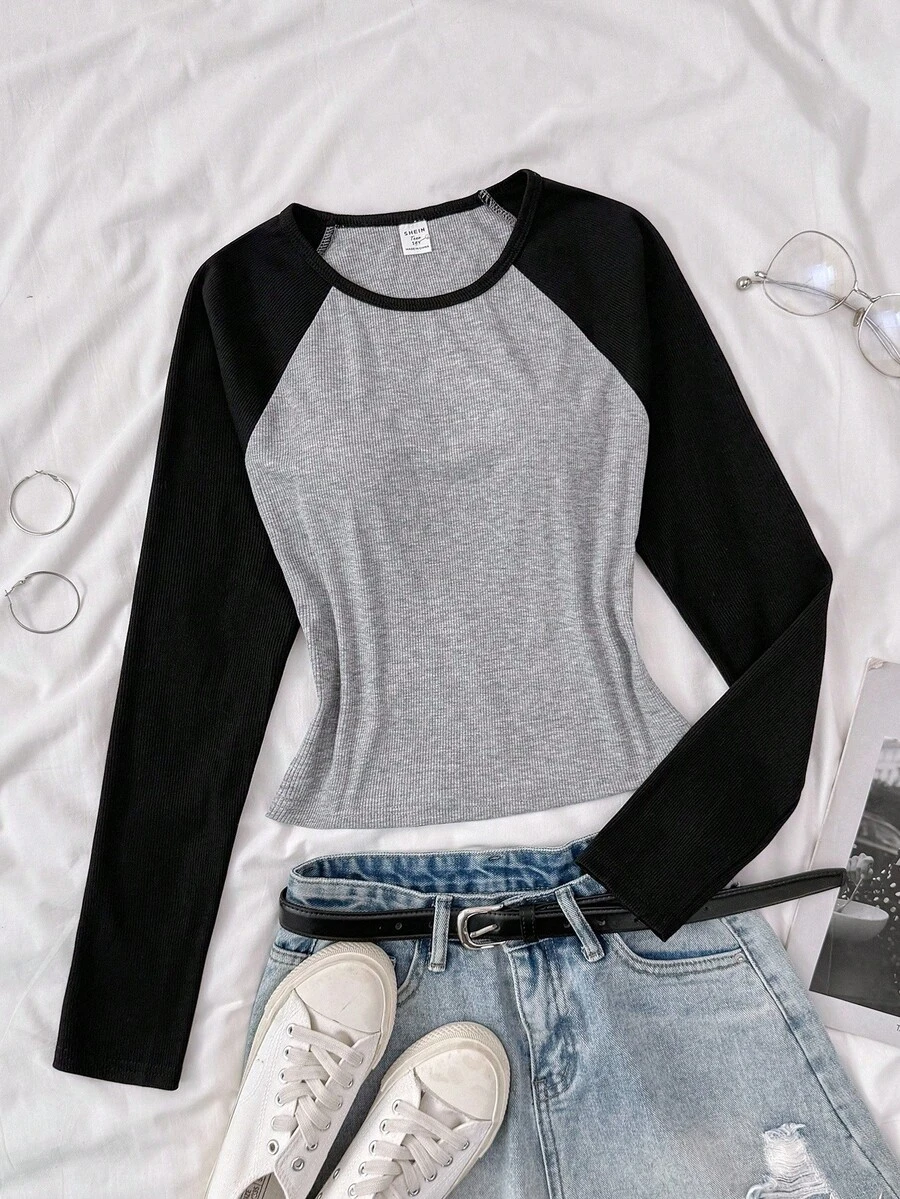 少女撞色针织圆领长袖休闲复古T恤可爱上衣紧身长袖衬衫长袖紧身衬衫上衣可爱黑灰色秋冬 - 灰色 - 查看 1